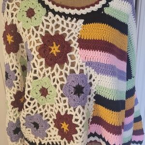 POL Crochet Mixed Florals/Stripes Colorful Sweater, NIB(No Tags), S(Oversized)